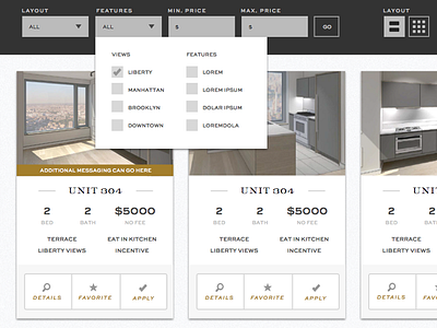 Real Estate Availability Cards card dropdown housing luxury real estate ui ux website