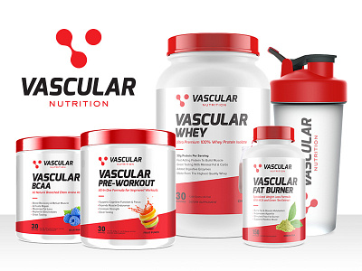 Vascular Nutrition Branding & Packaging branding clean fitness logo molecule protein red sport supplement v