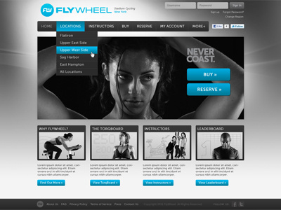 Flywheel Website background blue dropdown grey photography ui website