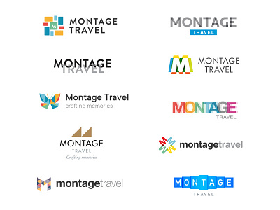 Montage Travel Logo Exploration agency branding butterfly collage logo m montage tiles transparency travel typography