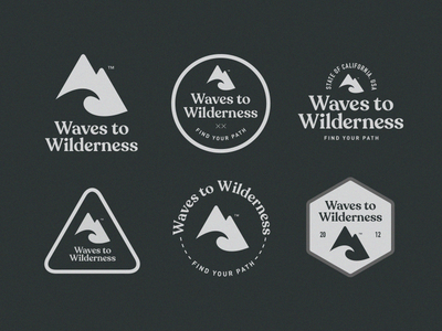 Waves To Wilderness Logo & Badges badge branding landing page lettering logo logo design logotype mountain serif wave