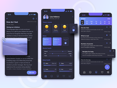 Moody - daily tracker night mode blue dark mode flat graphic design minimal mood night purple smile ui ux vector