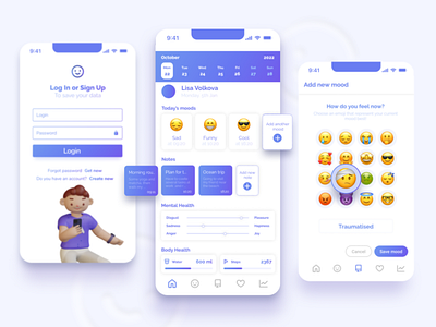 Moody - daily tracker app appdesign daily design diary mobile mood purple schedule tracker ui uiux ux