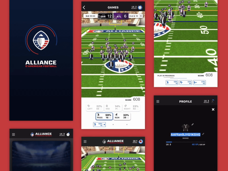 Alliance of American Football Mobile american football game design mobile app design motion graphics product design sports ui ux