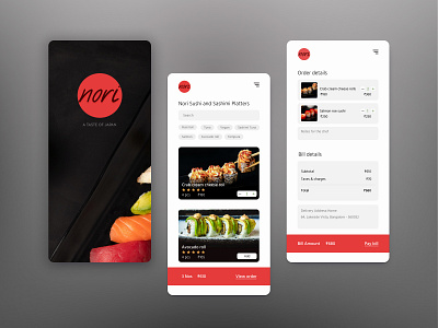 Nori - Concept Food App app black branding customer experience design food foodapp japanese logo mobileapp nori red sashimi sushi ui white