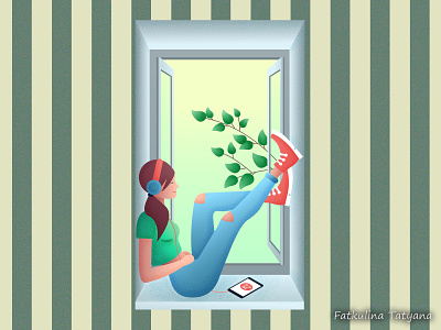 Girl Enjoying Music вектор девушка иллюстрация лето музыка окно