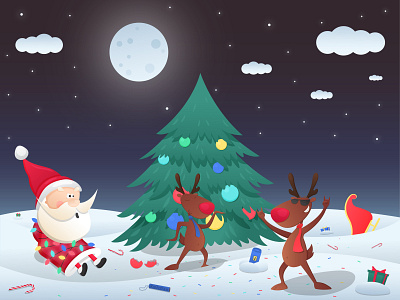 New Year's chaos дед мороз елка иллюстрация новый год ночь олени подарки рождество снег