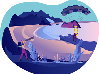 Adventure in a beach beach design illustration illustrator mountains parachute teenagers telescope