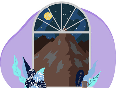 Mountain view window arch beer flat full moon illustration illustrator leaves mountain nature art night view stars ui vector window