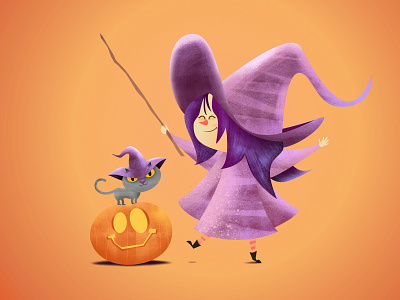Little witch with her cat + pumpkin friend