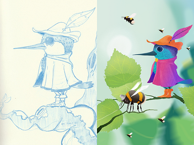 Hummingbird Knight sketch and final affinity affinitydesigner birds bumblebee cape character character design conflict digital illustration feathers helmet hummingbird illustration insects knight leaves nature pencildog plants war
