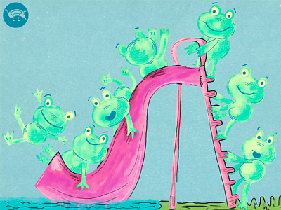 Water slide fun affinity character character design digital illustration frogs illustration inks markers pencildog pond storybook water water skide watercolor