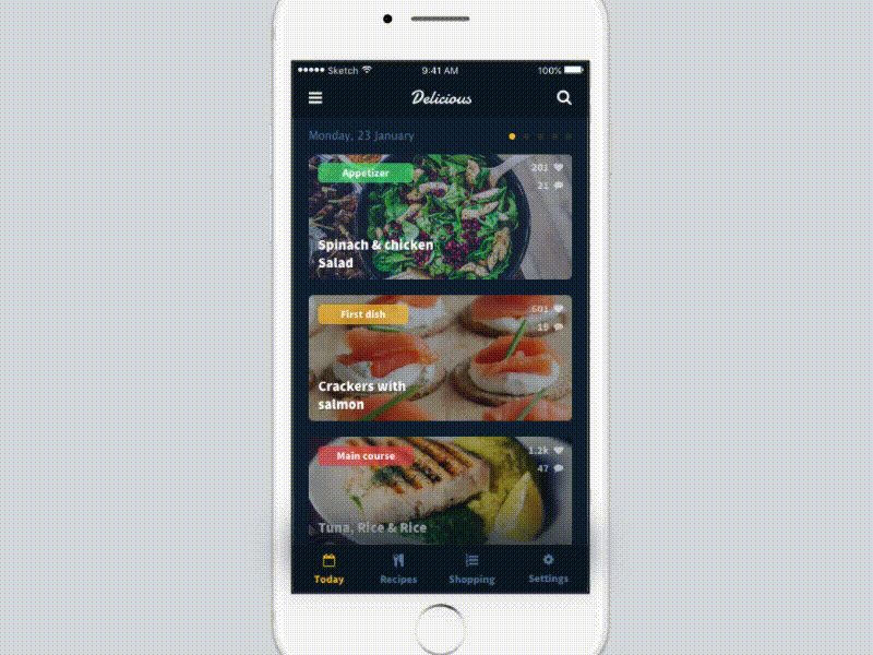 Recipes App animation (.principle) animation app cooking free freebie interface mobile recipe resource sketch ui ux