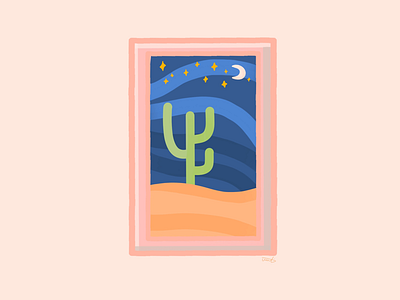 Pink frame art blue cactus desert frame green illustration minimal moon night peachy pink procreate sand soft tones stars