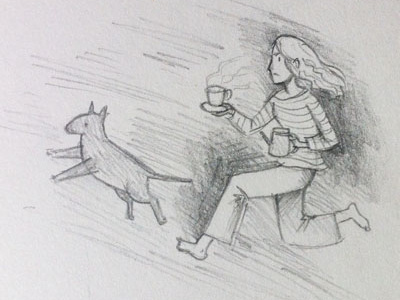 tea attack! cartoon dog illustration pencil rough running sketch tea