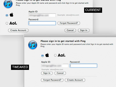 iTunes Store login. interaction interface itunes login ping tweaks usability
