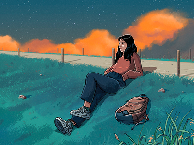 Sunset concept 2 background backpack comic flower grass illustration landscape manga procreate sky sunset woman