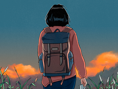 Sunset concept 3 animation background backpack bag cartoon comic girl illustration landscape manga natural sunset woman wood