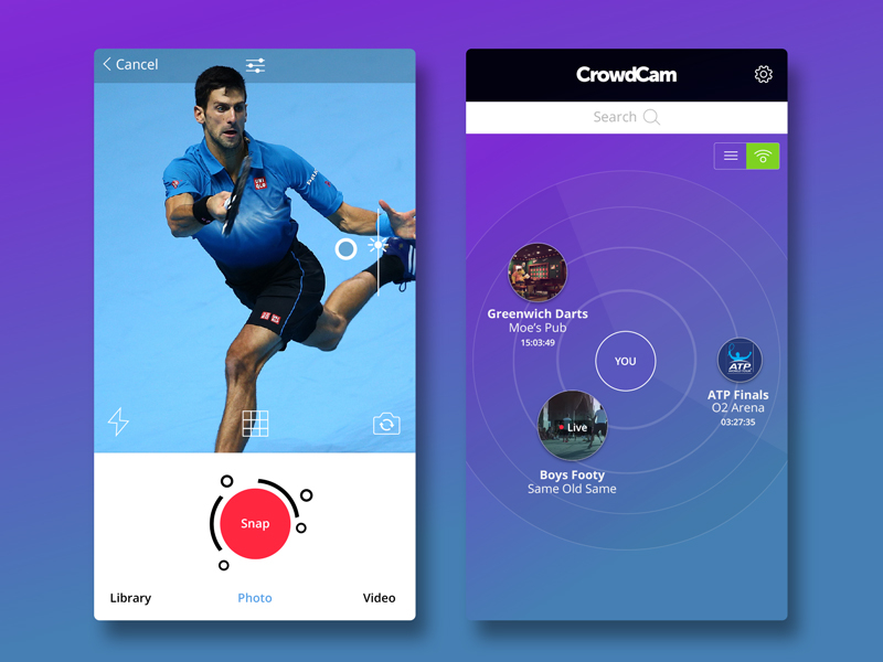 CrowdCam buttons cam camera crowd green icons purple search snap sports ui ux