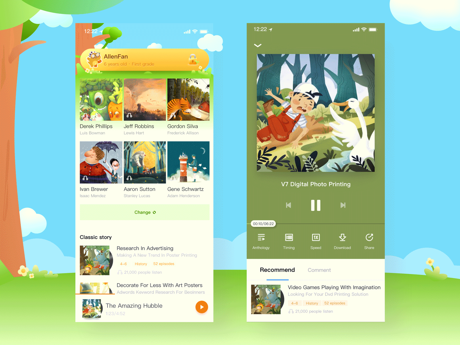 Children's audio app design green illustration ui video