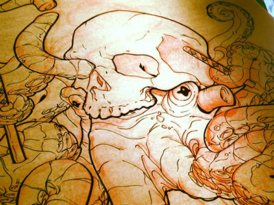 Skull-toe-Pus ink octopus pen skull