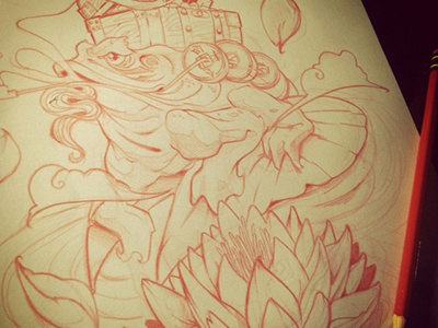 Money Toad frog lotus money pencil red sketch wip