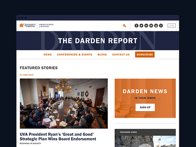 The Darden Report Website academic blue college darden design editorial homepage news orange ui university uva ux web design website