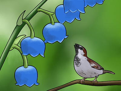 Sparrow and Flowers digital painting illustration nature photoshop