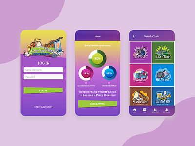 Camp Wonderopolis app categories colorful education app flow gradient illustrations interface kids mobile ui design ux design