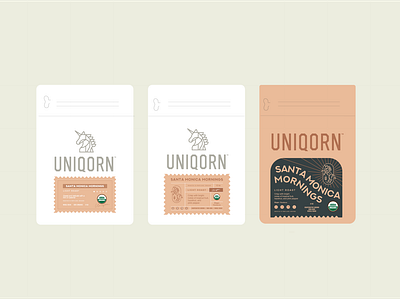 Uniqorn Label Ideation v1-v3 brand identity branding branding and identity branding concept coffee bag coffee design cpg design illustration label design product labels uniqorn coffee