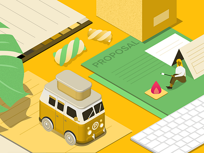 Camping article blog camping campingcar design desk flat illustration isometric proposify vacation web