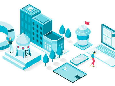 Mission Statement article blog blue building city desk illustration isometric proposify rocket