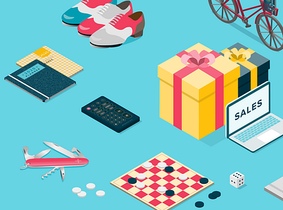 Gift Guide article blog blue desk gifts illustration isometric sales vector