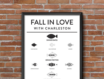 Fall In Love With Charleston abstract art airbnb coastal fishes graphic design illustration infographic poster poster design rental property tourism vacation rental wall art