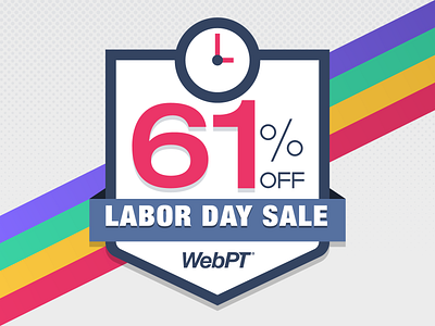 WebPT 61 Percent Off Labor Day Sale badge clock flash sale illustration rainbow sale shield time