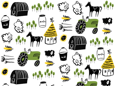 Provincial Repeating Pattern barn corn cottage farm horse illustration mason milk sheep trees vintage