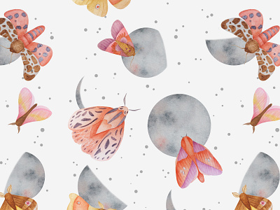 Moths and Moons Seamless Pattern moon moth pattern pattern design pattern maker seamless pattern surface design surface pattern watercolor watercolor painting