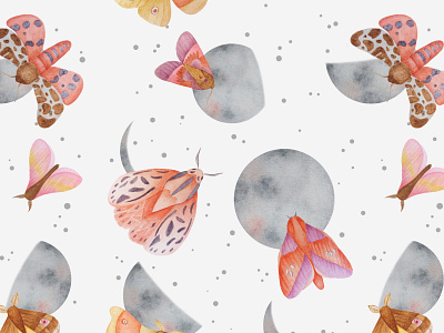 Moths and Moons Seamless Pattern