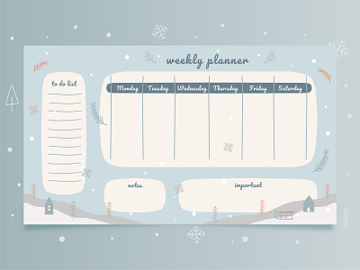 Weekly Planner Winter Theme blue cute daily doodle holiday illustration journaling planner printable to do visual design weekly winter