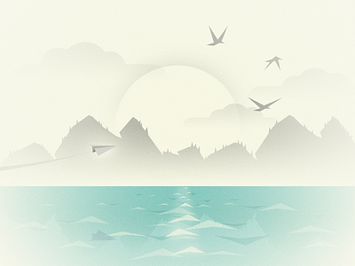 Drift illustration paper airplane scenery sunset water