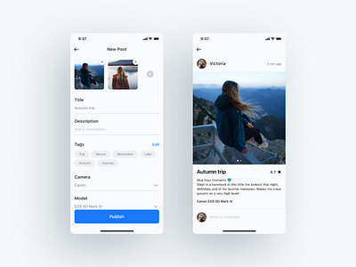 Photo Social Network App add photo adventure app camera concept design ios mobile app new post publish social network trip ui user ux