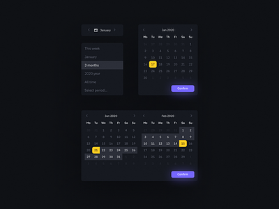 Date Picker (Dark Mode) 2020 app calendar clean dark mode dark theme datepicker dates days lights night mode period selector this week ui ux week years