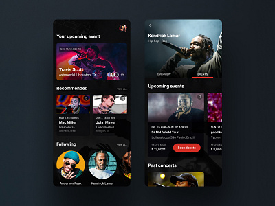 Music Concert ⚡️App app booking concert dark app dark ui debut design designer mobile mobile app design mobile ui music music app product design rap ticket booking typography ui uidesign ux