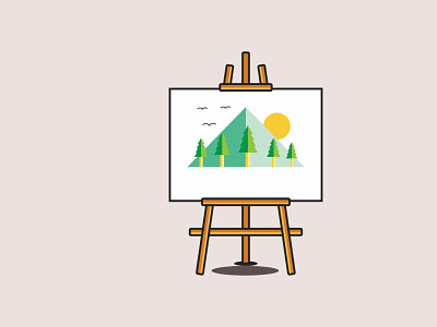 mountain landscape in the canvas wooden easel canvas drawing easel flat flat illustration illustration landscape mountains nature outdoor painting pines sun tree wooden