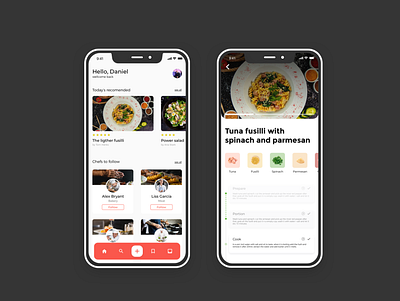 Recipe app add app button cards concept design follow history ingredients recipe recomended sketch tabbar ui ux