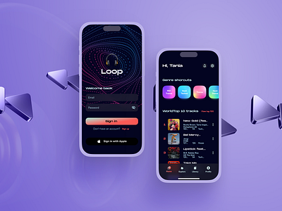 Loop music app 3d app apple buttons cards components figma gradients home icons login materials mobile music signup styleguide tabbar