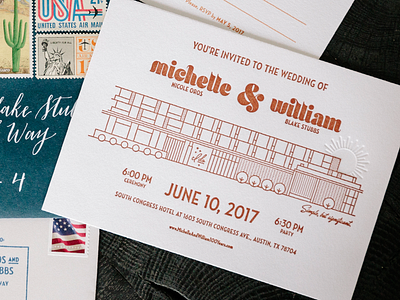 Wedding Invitation austin calligraphy emboss invitation letterpress midcentury orange stamps vintage wedding