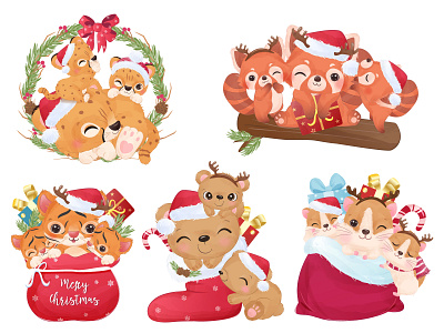 Lovely Mom and Babies for Christmas Season animals children christmas christmas clipart christmas decoration christmas illustration christmas vector illustration vector animals vector clipart vector illustration