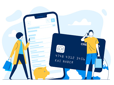 mobile shopping 2d bank app character creditcard fintech flat illustration mobile banking money app people shopping app ui vector