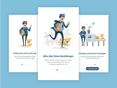 Onboarding Screens 2d app application character design dog illustration interface mobile onboarding parcel ui